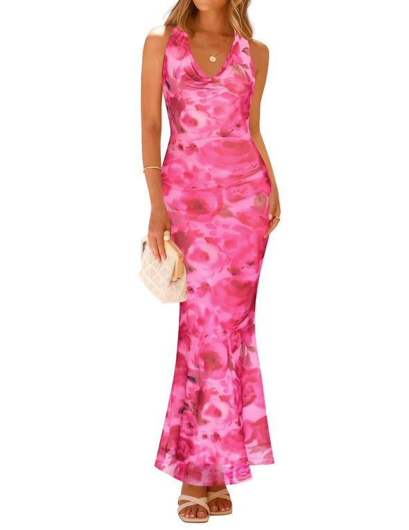 ZESICA Halter Neck Floral Print Sleeveless Backless Wedding Dresses