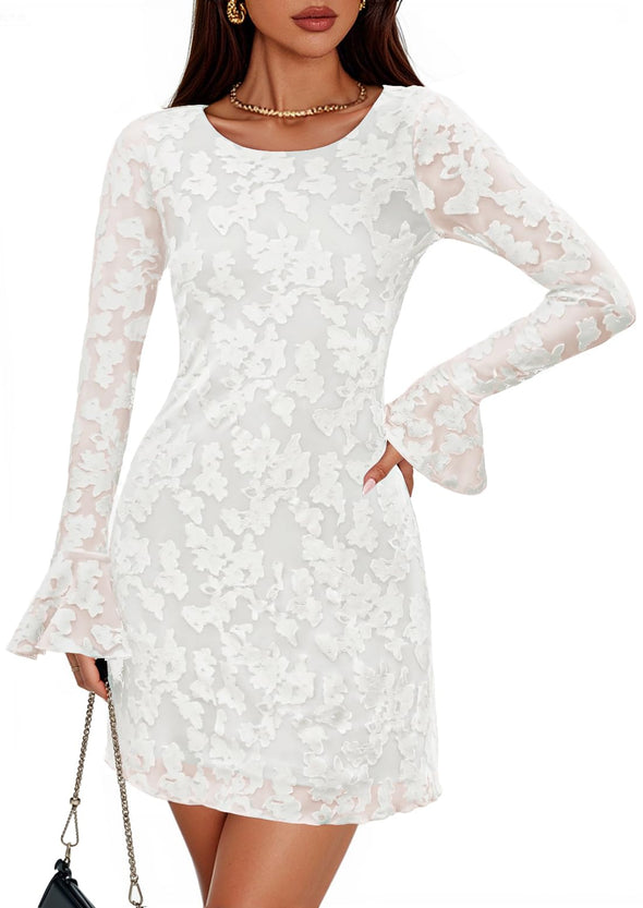 ZESICA Floral Mesh Crewneck Bodycon Cocktail Party Club Short Dress