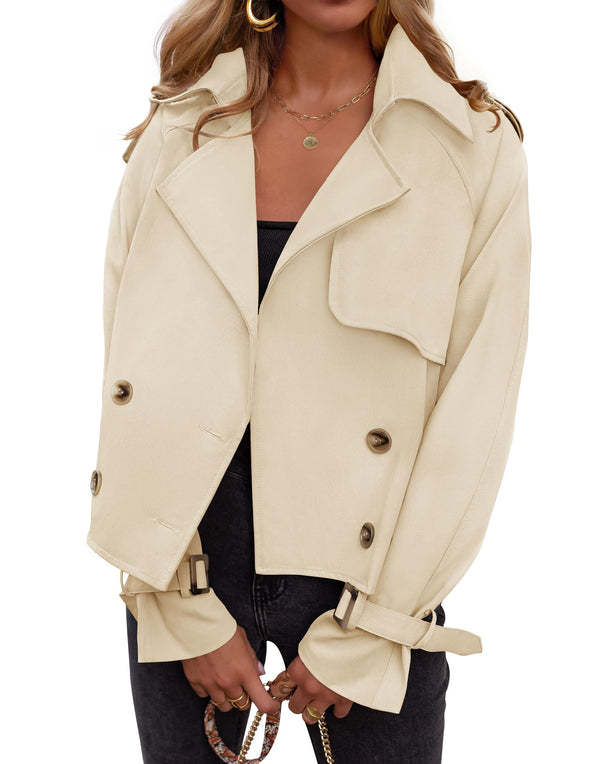 ZESICA Crop Trench Coat Lapel Double Breasted Loose Casual Jacket