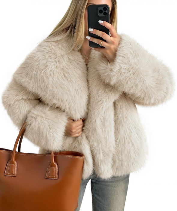ZESICA Winter Faux Fur Coats Fluffy Jacket Lapel Shaggy Warm Outerwear