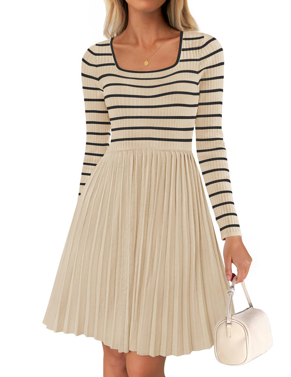 ZESICA Striped Square Neck Pleated Ribbed Knit Mini Dress