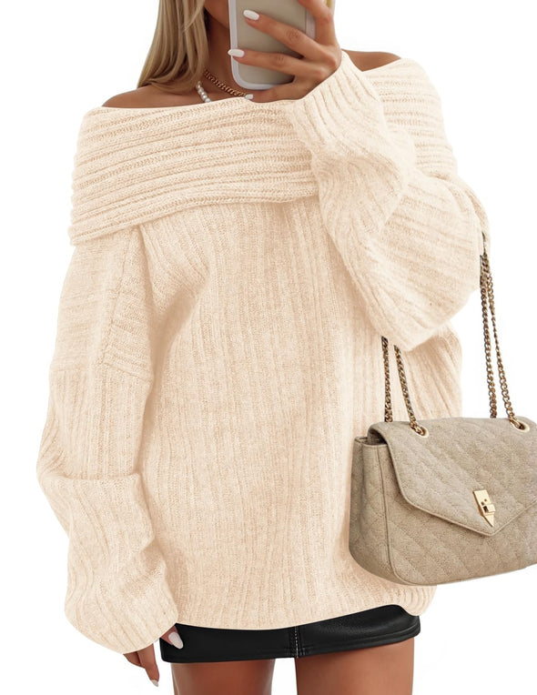 ZESICA Off The Shoulder Sweater Oversized Winter Ribbed Knit Tops