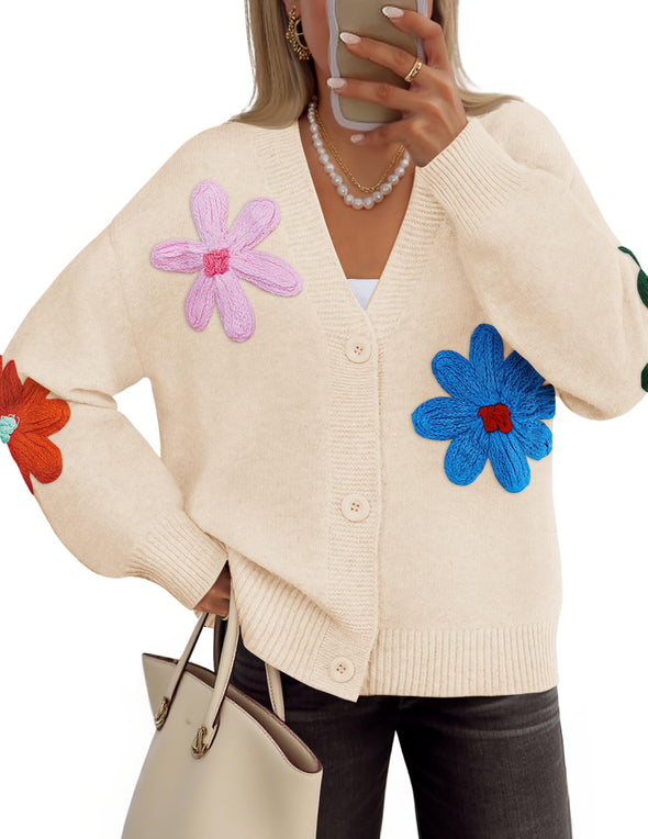 ZESICA Casual Open Front Button Down V Neck Knit Sweater