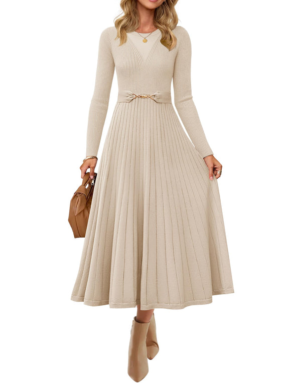 ZESICA Fall Crewneck Knit A Line Pleated Flowy Long Dresses with Belt