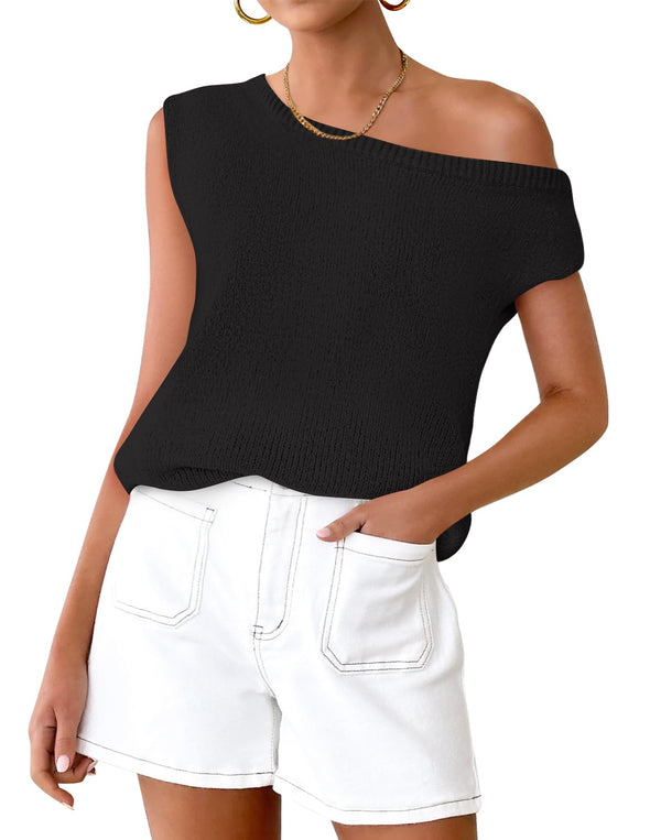 ZESICA Off The Shoulder Knit Short Sleeve Oversized Shirt