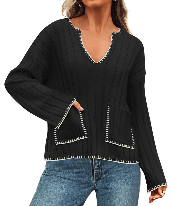 ZESICA Women's Ribbed V Neck Long Sleeve Sweaters