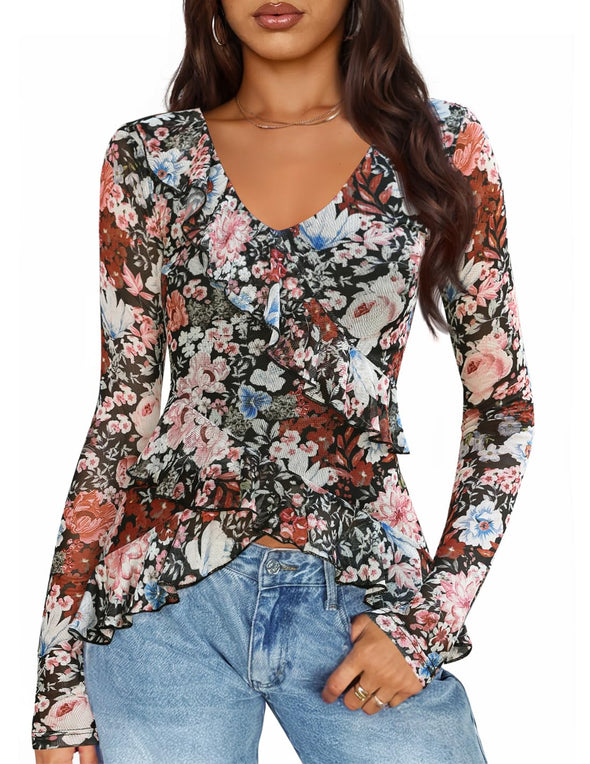 ZESICA Floral Shirts V Neck Going Out Ruffle Tops Blouses