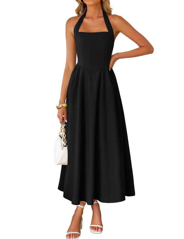 ZESICA Sleeveless Halter Off Shoulder High Waist Beach Long Dresses