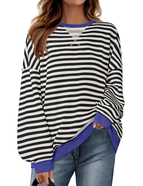 ZESICA Womens Casual Striped Pullover Long Sleeve Shirts Crewneck Sweatshirts