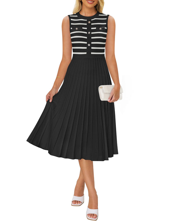 ZESICA Sleeveless Striped Crewneck Button Knit Swing Pleated Midi Dress