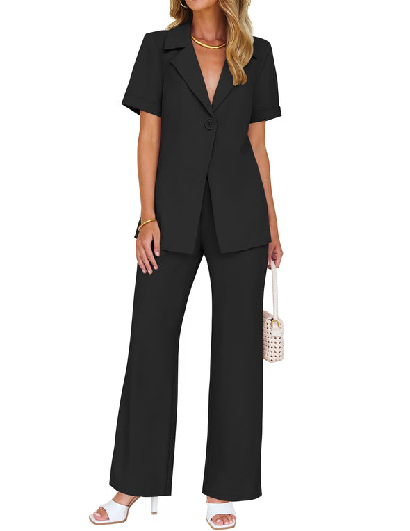 ZESICA Short Sleeve Blazer Jacket and Wide Leg Pants Sets