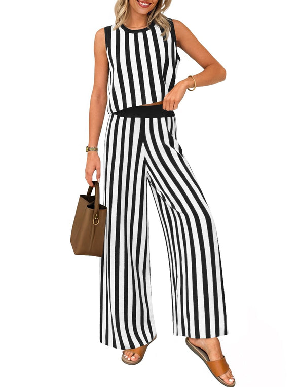 ZESICA Two Piece Outfits Crop Tank Tops and Wide Leg Pants Striped Sets