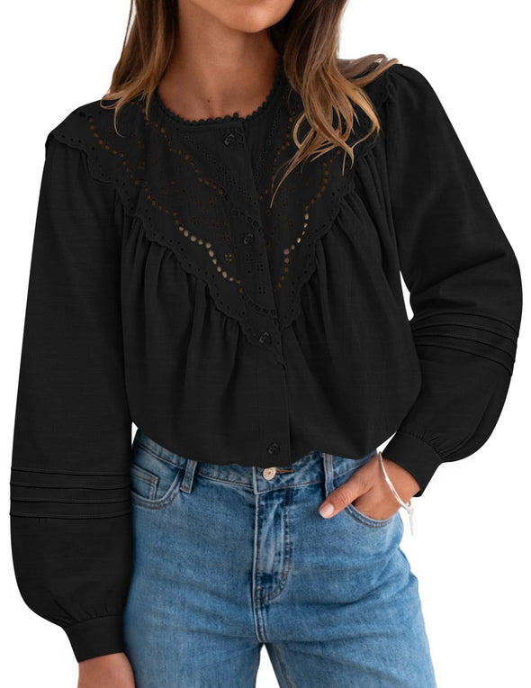 ZESICA Babydoll Lace Crochet Button Down Boho Victorian Shirts