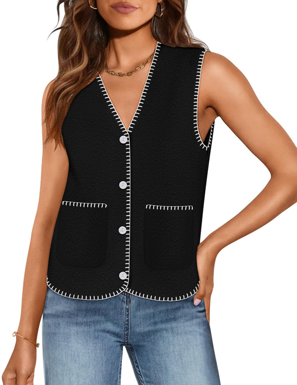 ZESICA Vest V Neck Knit Button Down Loose Crop Tank Tops