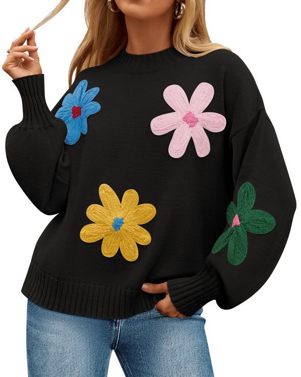 ZESICA Crewneck Ribbed Knit Flower Color Block Loose Pullover Tops