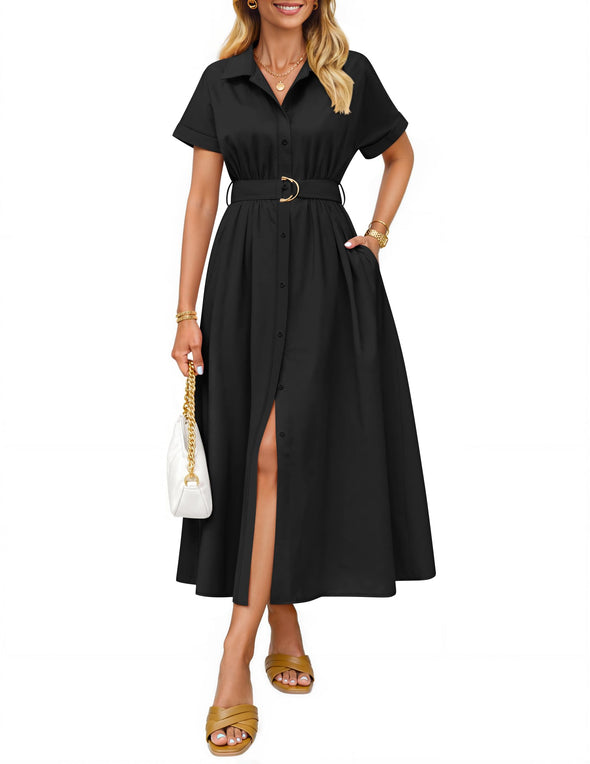 ZESICA Button Down A Line Belt Buiness Casual Shirt Dresses – zesica