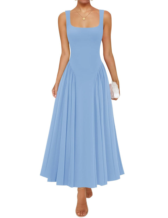 ZESICA Sleeveless Square Neck Casual Long Flowy A Line Dresses