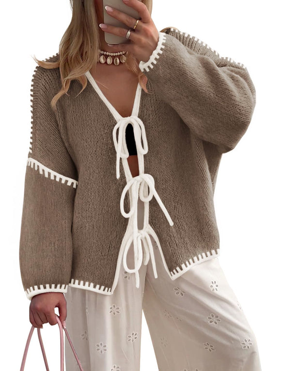 ZESICA Tie Front Bow Knit Color Block Fall Winter Clothing Coats