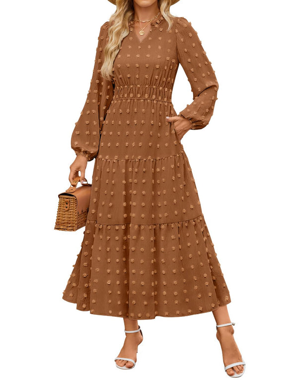 ZESICA Boho V Neck Swiss Dot Tiered Flowy Swing Dress