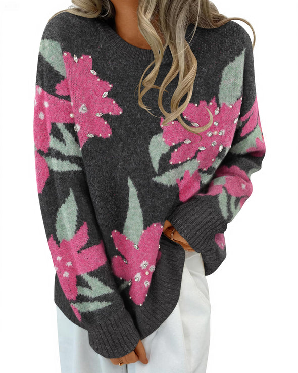 ZESICA Floral Oversized Crewneck Chunky Knit Pullover Sweater Tops