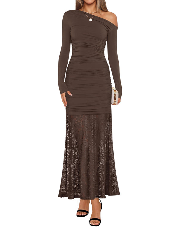 ZESICA Off Shoulder Bodycon Ruched Lace Wedding Guest Cocktail Dress