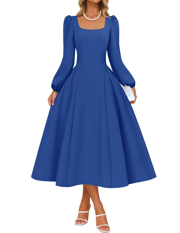 ZESICA Fall Square Neck Swing A Line Wedding Guest Evening Prom Dress