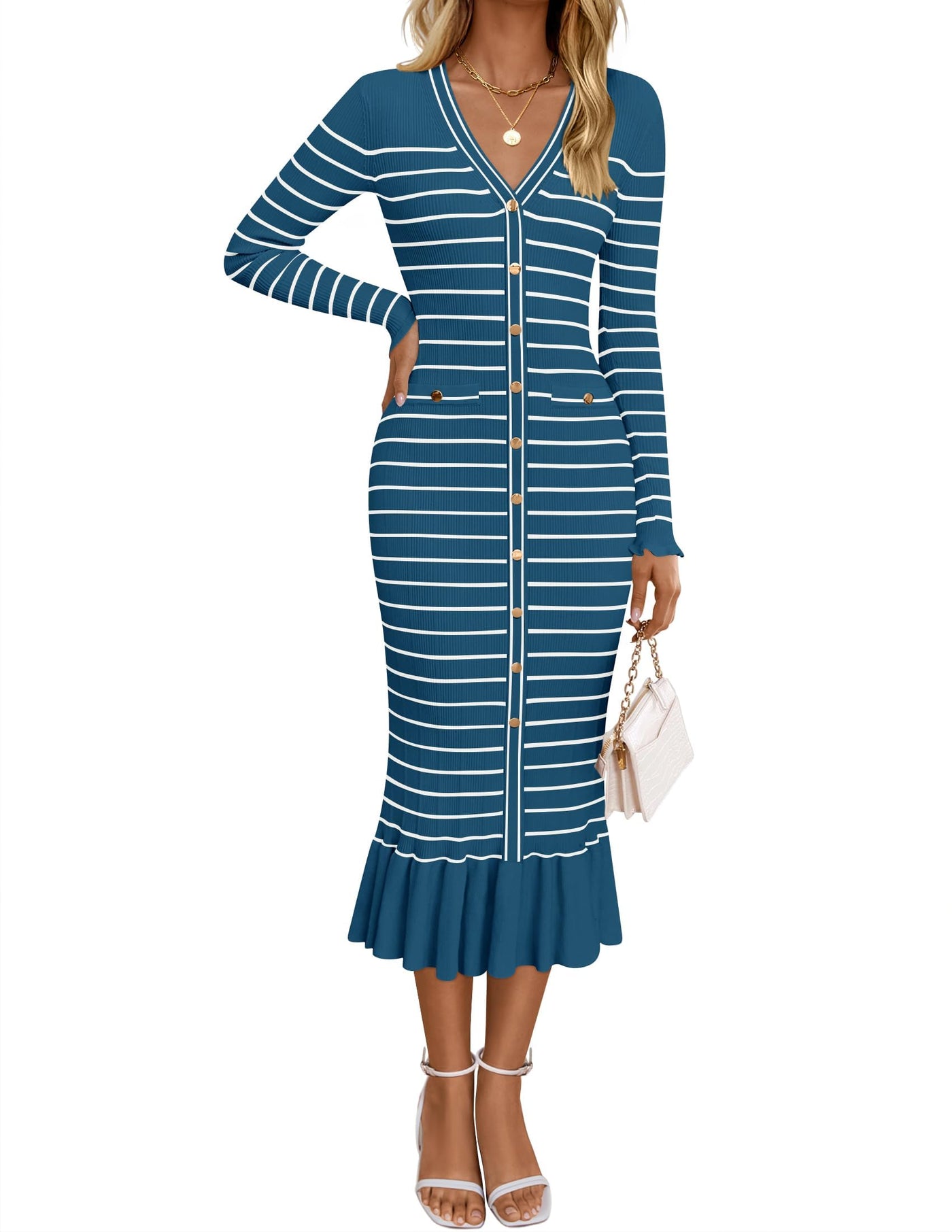 ZESICA Striped V Neck Button Elegant Bodycon Knit Dresses zesica ZESICA Striped V Neck Button Elegant Bodycon Knit Dresses zesica