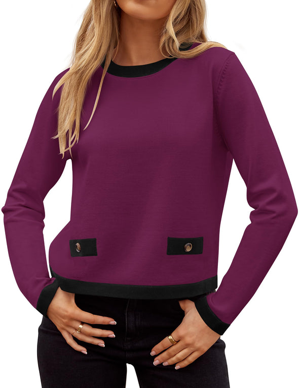 ZESICA Fall Crewneck Knit Color Block Lightweight Tops