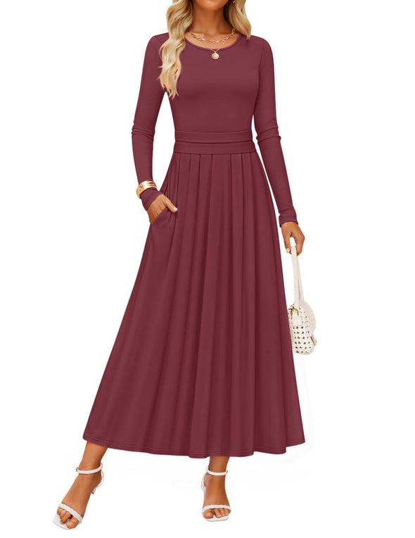 ZESICA Elegant Crewneck Knit High Wasit Pleated Flowy A Line Dresses