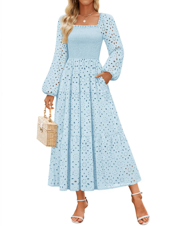 ZESICA Square Neck Hollow Out Eyelet Smocked A Line Boho Dress
