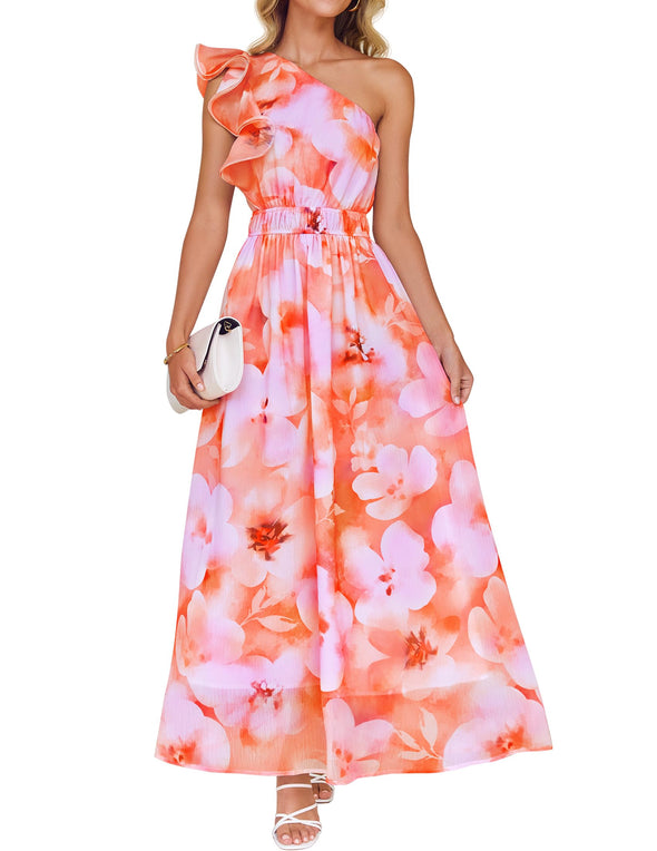 ZESICA Boho Floral Sleeveless Ruffle One Shoulder Elatsic Dresses