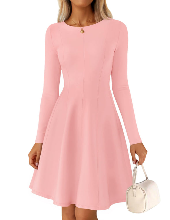 ZESICA Fall Crewneck Pleated Babydoll A Line Flowy Dresses