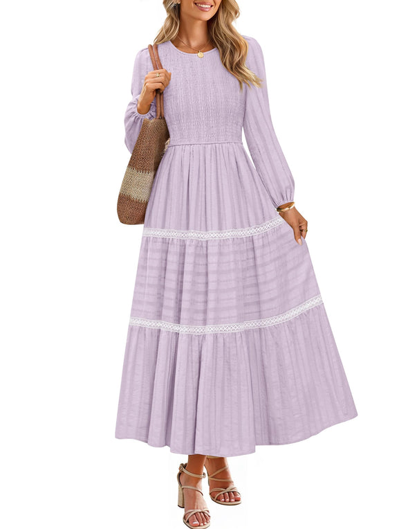 ZESICA Crewneck Smocked A Line Tiered Flowy Wedding Long Dress