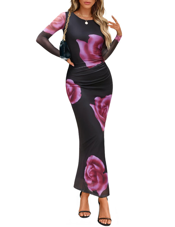 ZESICA Floral Fall Bodycon Crewneck Side Slit Ruched Fitted Party Dress
