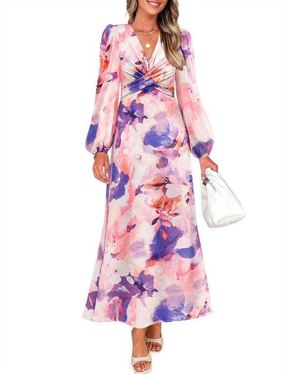 ZESICA Fall Boho V Neck Belted High Wasit Flowy Cocktail Party Dress