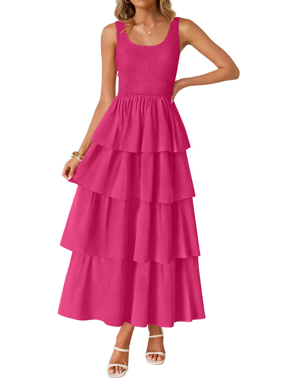 ZESICA Scoop Neck Ruffle Tiered Layered Swing Long Beach Dresses