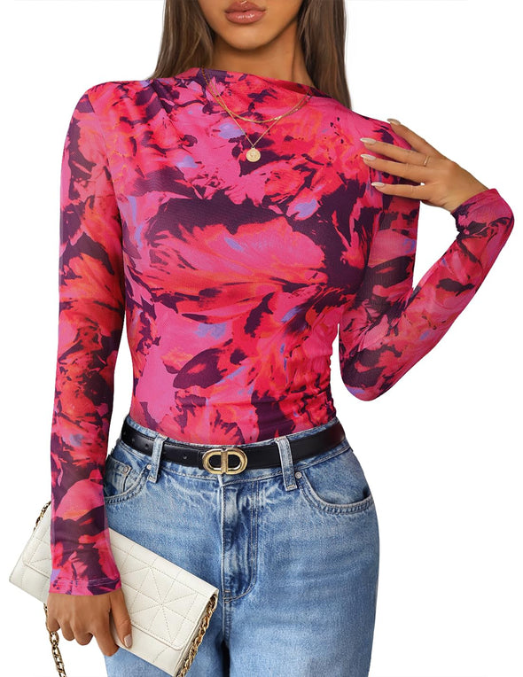 ZESICA Floral Fall Mesh Mock Neck Ruched Fitted Shirts