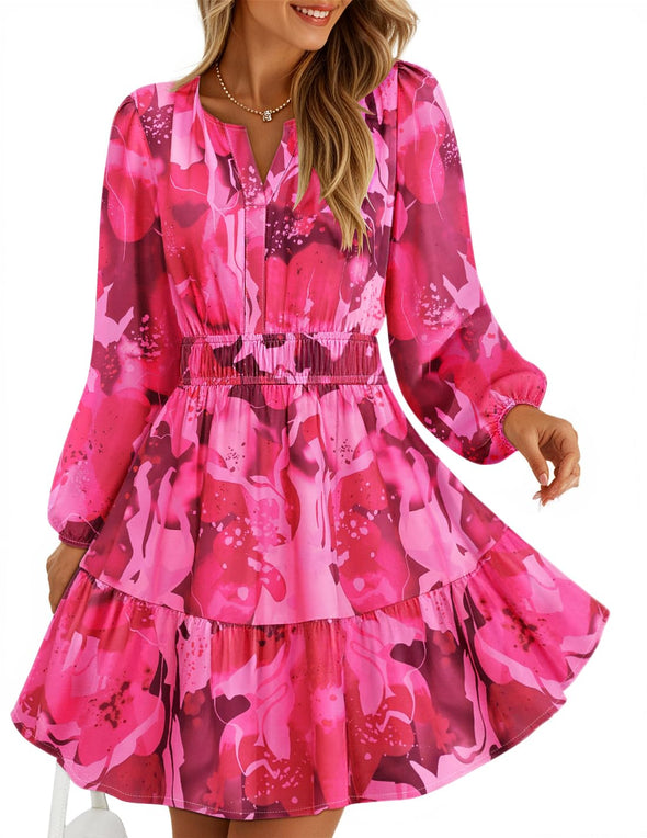 ZESICA Floral V Neck Smocked A Line Flowy Boho Mini Dresses