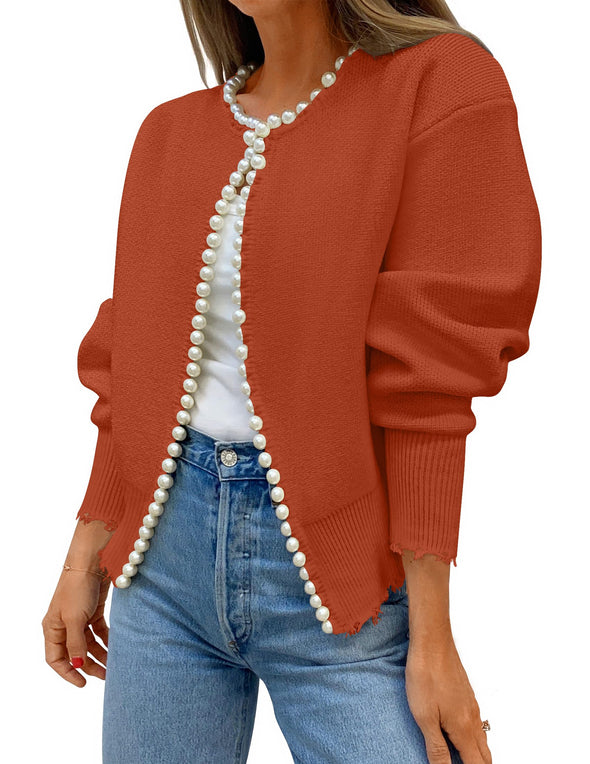 ZESICA Open Front Casual Knitted Long Sleeve Pearls Trim Coat