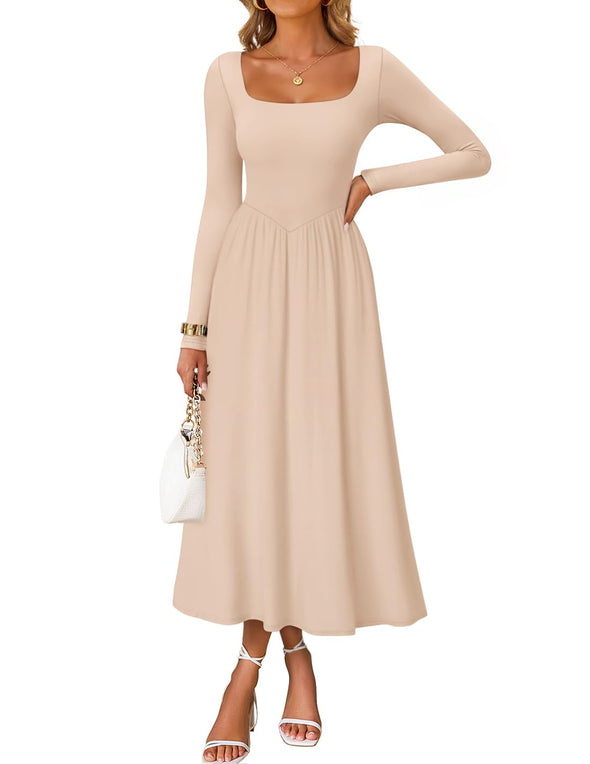 ZESICA Elegant Classy Square Neck Flowy Wedding Guest Dress