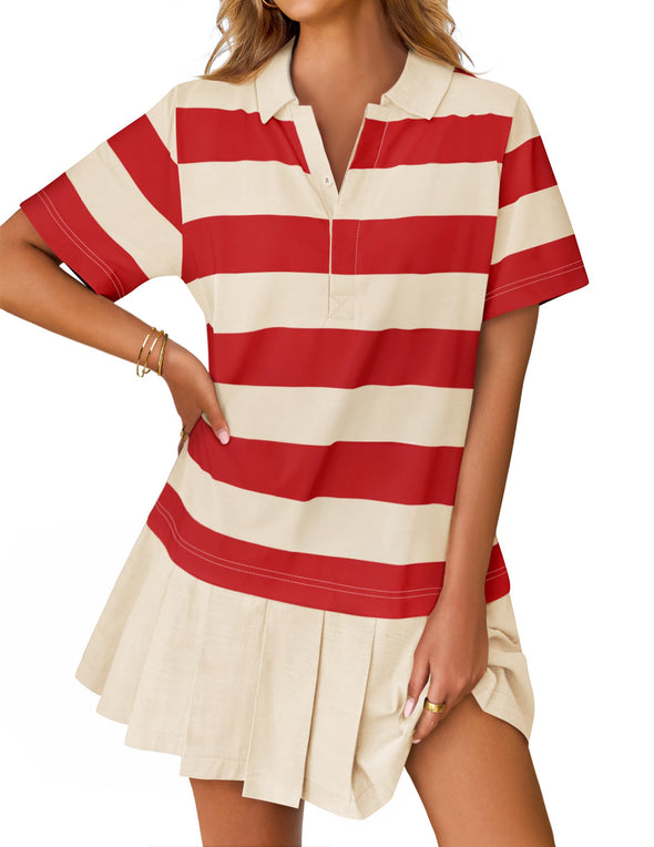 ZESICA Short Sleeve Tunic Shirt Striped V Neck Pleated Y2K Mini Dresses