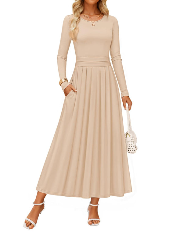 ZESICA Elegant Crewneck Knit High Wasit Pleated Flowy A Line Dresses