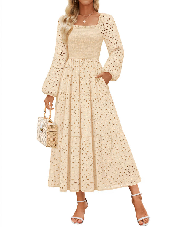 ZESICA Square Neck Hollow Out Eyelet Smocked A Line Boho Dress