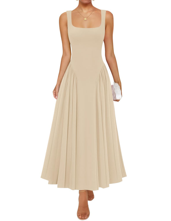 ZESICA Sleeveless Square Neck Casual Long Flowy A Line Dresses