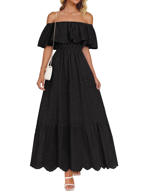 ZESICA Off Shoulder Ruffle Short Sleeve High Waist Hollow Dresses