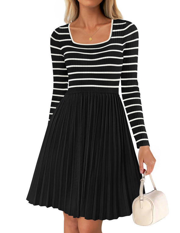 ZESICA Striped Square Neck Pleated Ribbed Knit Mini Dress