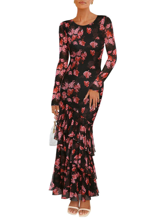ZESICA Floral Bodycon Boho Long Sleeve Mesh Ruffle Mermaid Dress