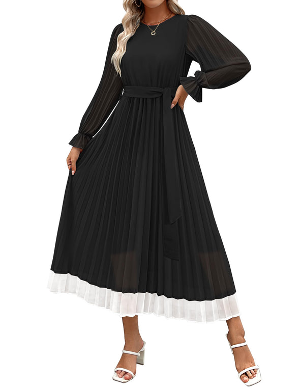 ZESICA Chiffon Crew Neck Pleated A Line Flowy Midi Dresses