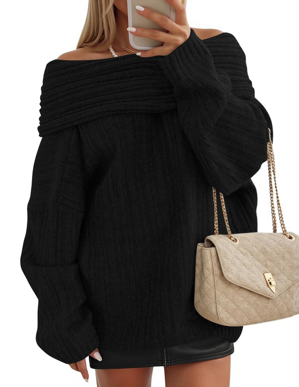 ZESICA Off The Shoulder Sweater Oversized Winter Ribbed Knit Tops