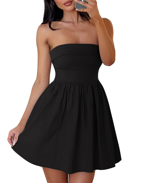 ZESICA Sexy Strapless High Waist Pleated Short Dresses